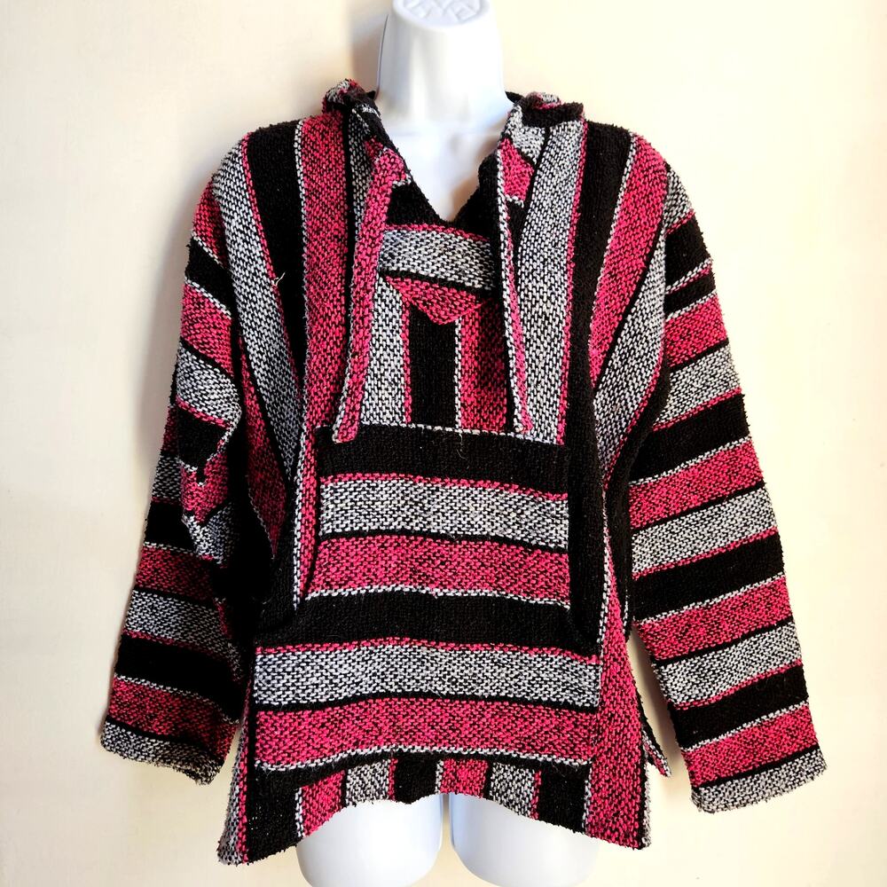 Artytex‎ Pink and Black Pull Over Woven Hoodie Size M Hippie Baja Festival Indie